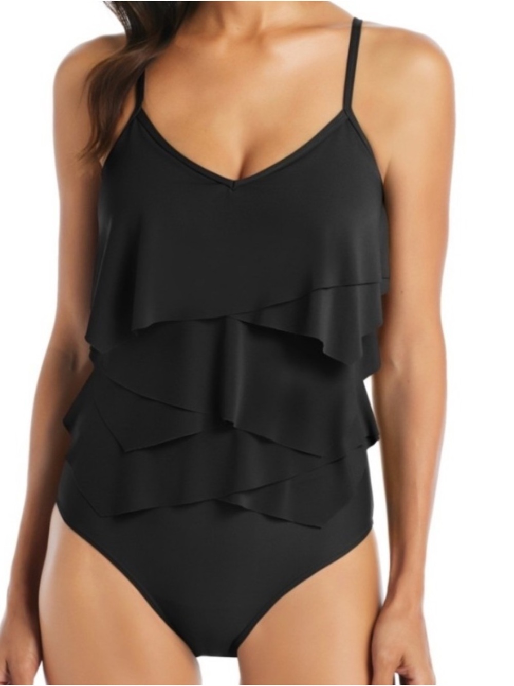 NWT Beyond Control black solid citizen ruffle adjustable one piece swimsuit 10